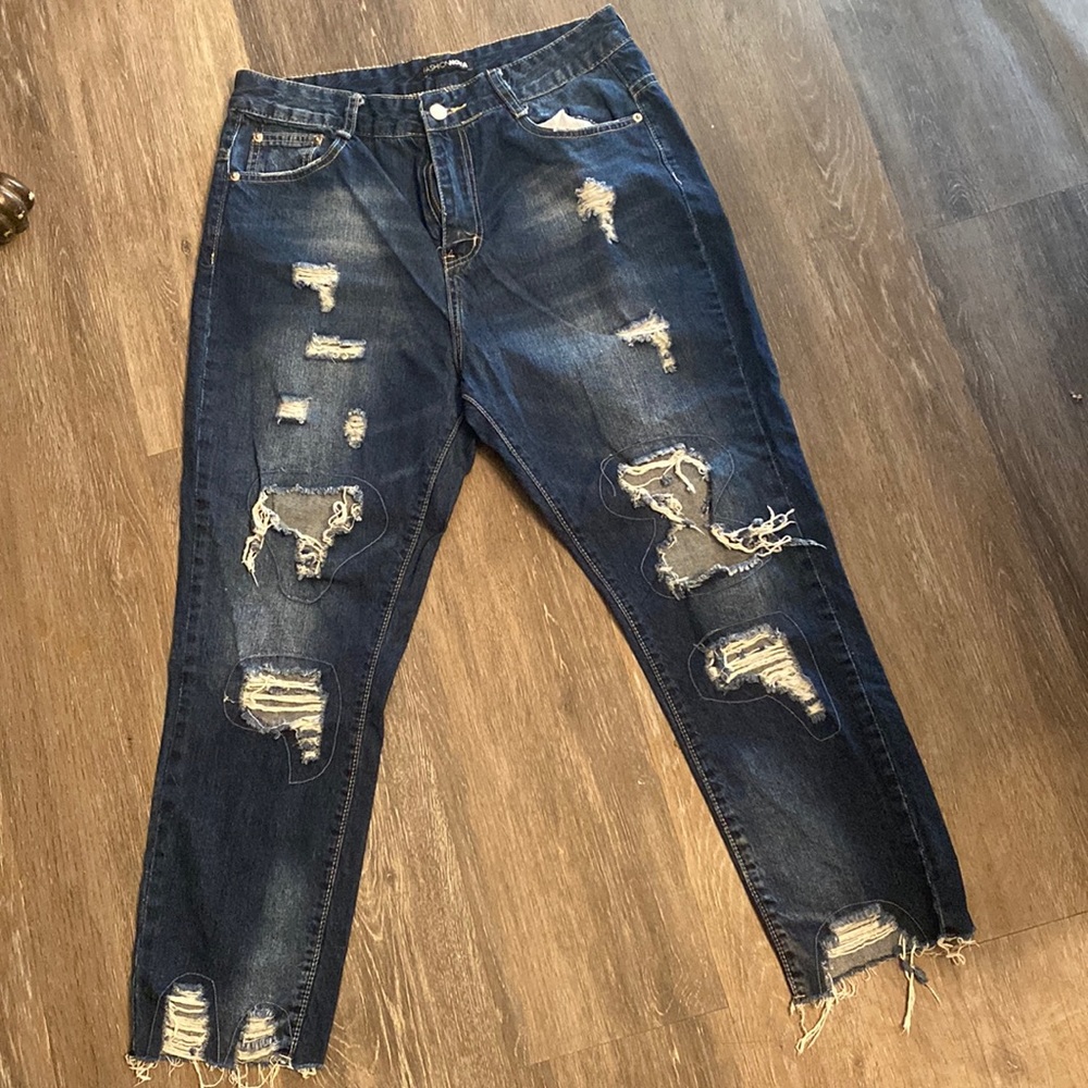 Fashion Nova Dark Wash Distressed Raw Hem Ankle Skinny Jeans Size 9